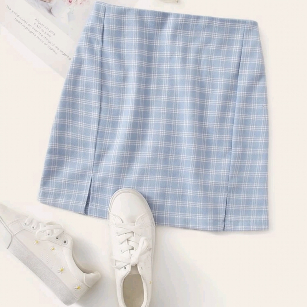 Blue Plaid Split Hem Mini Skirt